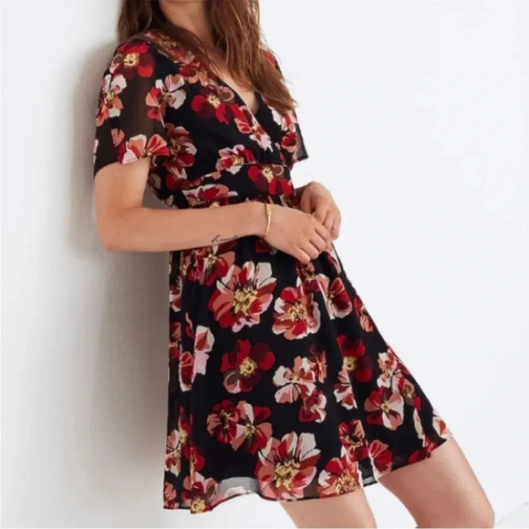 Madewell Floral Tulip Sleeve Faux Wrap Mini Dress in French Rose Size 00 B16 - Picture 4 of 10